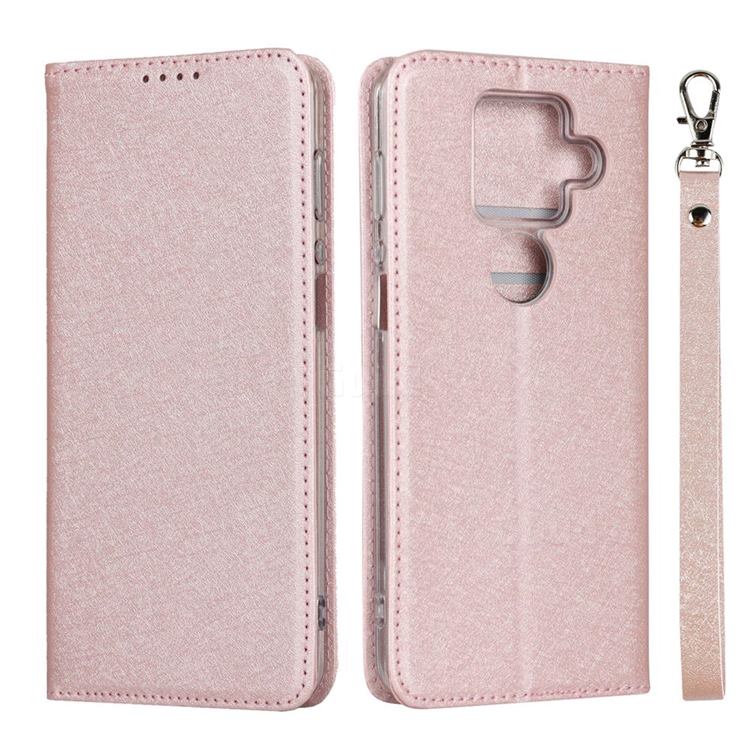 Ultra Slim Magnetic Automatic Suction Silk Lanyard Leather Flip Cover for Sharp AQUOS sense4 Plus - Rose Gold