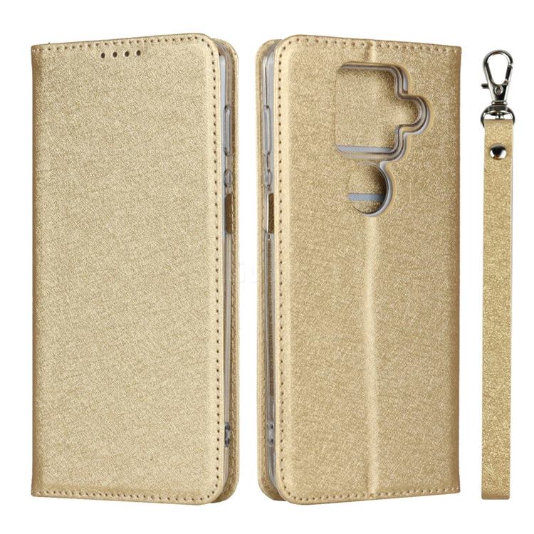 Ultra Slim Magnetic Automatic Suction Silk Lanyard Leather Flip Cover for Sharp AQUOS sense4 Plus - Golden
