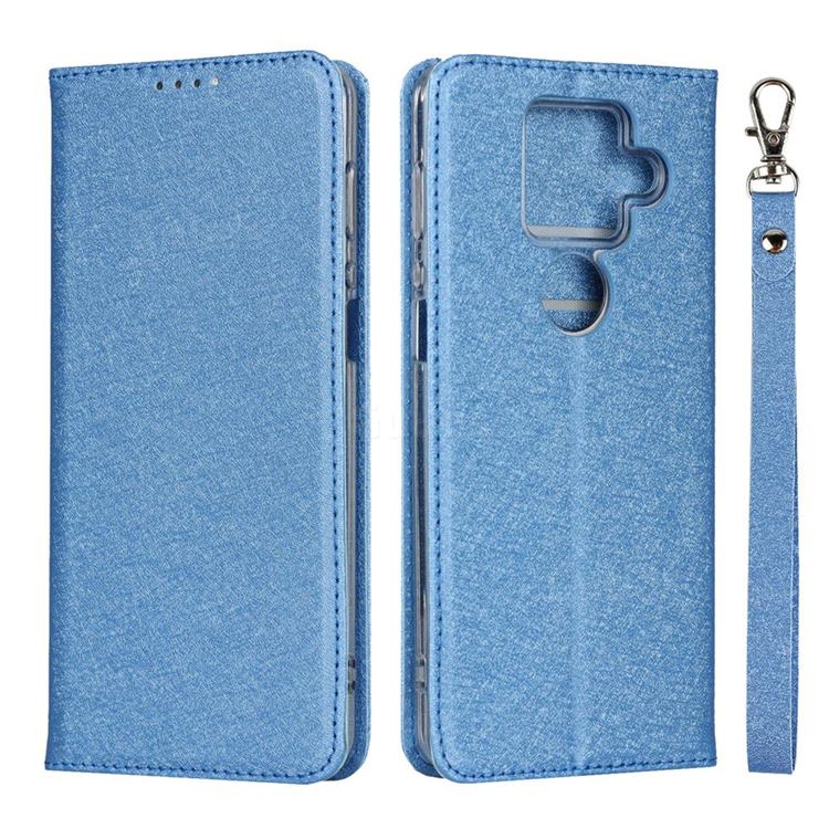 Ultra Slim Magnetic Automatic Suction Silk Lanyard Leather Flip Cover for Sharp AQUOS sense4 Plus - Sky Blue