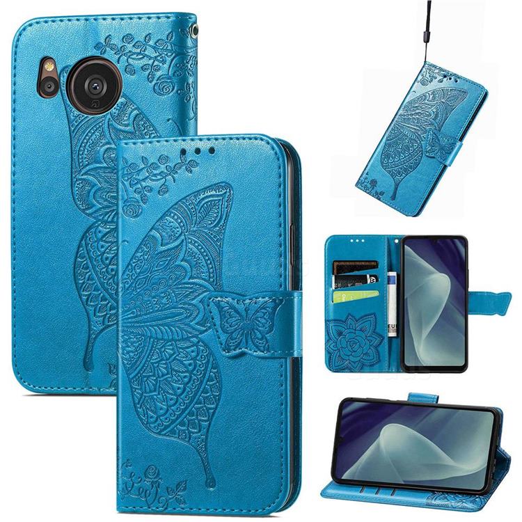 Embossing Mandala Flower Butterfly Leather Wallet Case for Sharp AQUOS sense7 Plus - Blue