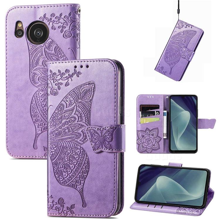 Embossing Mandala Flower Butterfly Leather Wallet Case for Sharp AQUOS sense7 Plus - Light Purple