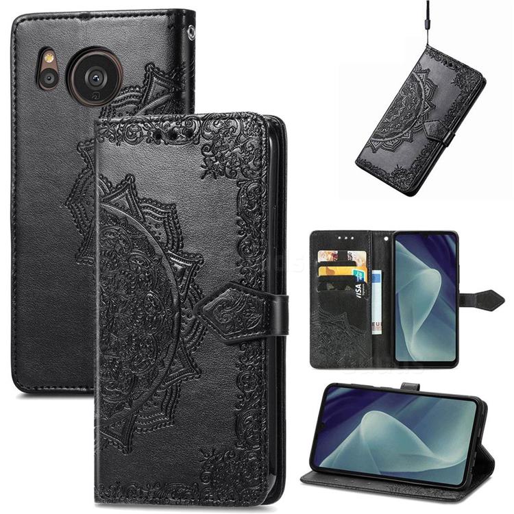 Embossing Imprint Mandala Flower Leather Wallet Case for Sharp AQUOS sense7 Plus - Black