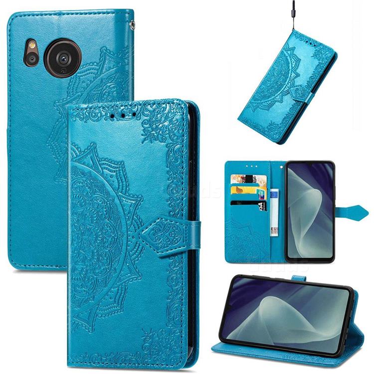 Embossing Imprint Mandala Flower Leather Wallet Case for Sharp AQUOS sense7 Plus - Blue