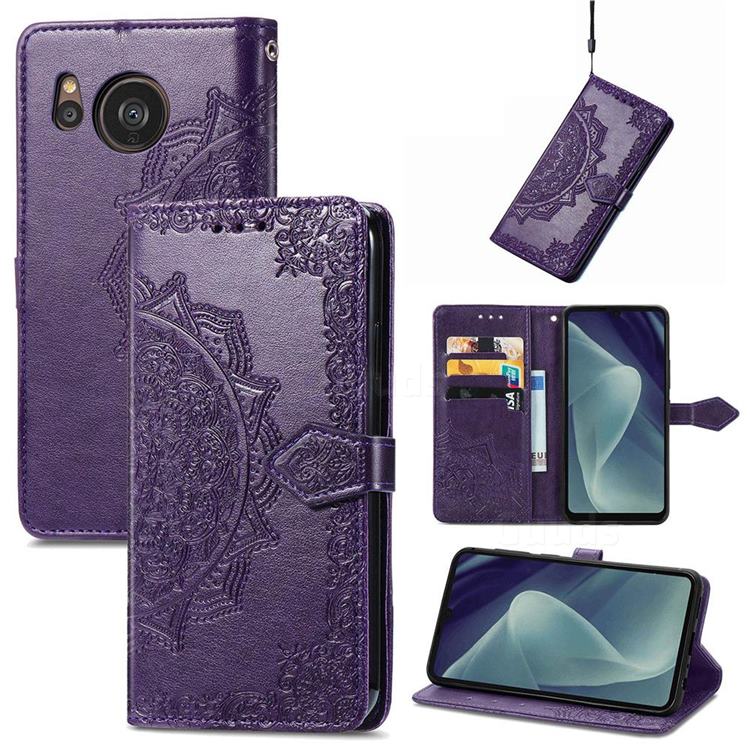 Embossing Imprint Mandala Flower Leather Wallet Case for Sharp AQUOS sense7 Plus - Purple