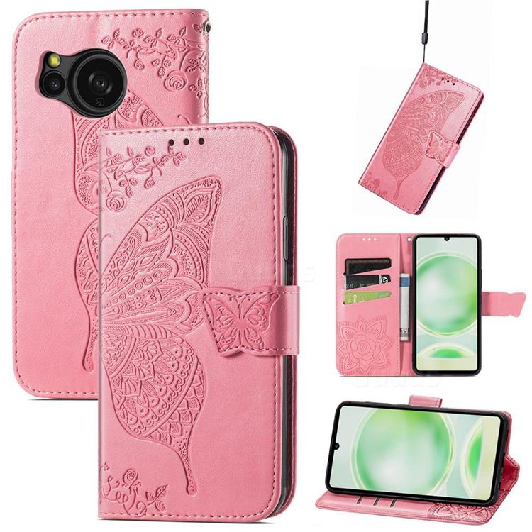 Embossing Mandala Flower Butterfly Leather Wallet Case for Sharp AQUOS sense8 SH-54D SHG11 - Pink