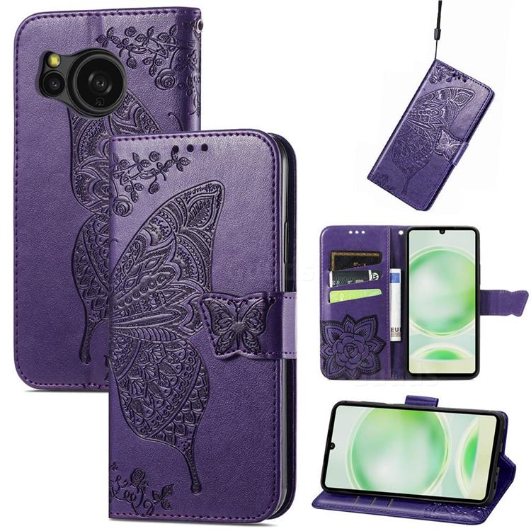 Embossing Mandala Flower Butterfly Leather Wallet Case for Sharp AQUOS sense8 SH-54D SHG11 - Dark Purple
