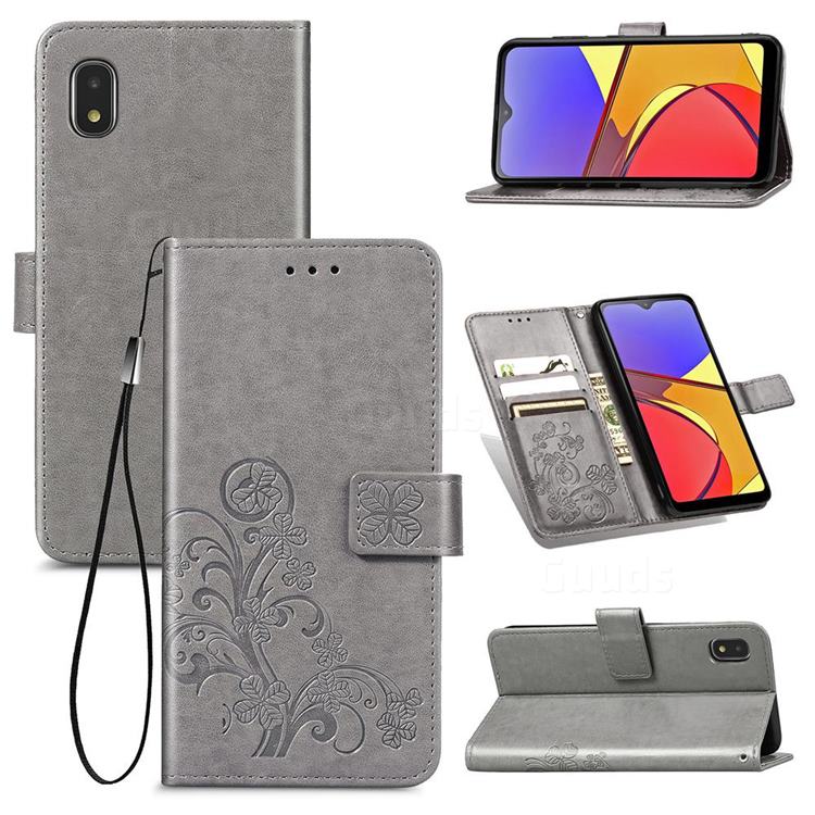 Embossing Imprint Four-Leaf Clover Leather Wallet Case for Docomo Galaxy A21 Japan SC-42A - Grey