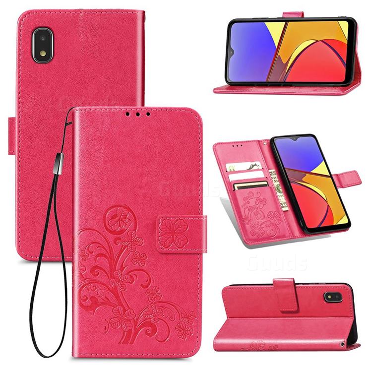 Embossing Imprint Four-Leaf Clover Leather Wallet Case for Docomo Galaxy A21 Japan SC-42A - Rose Red