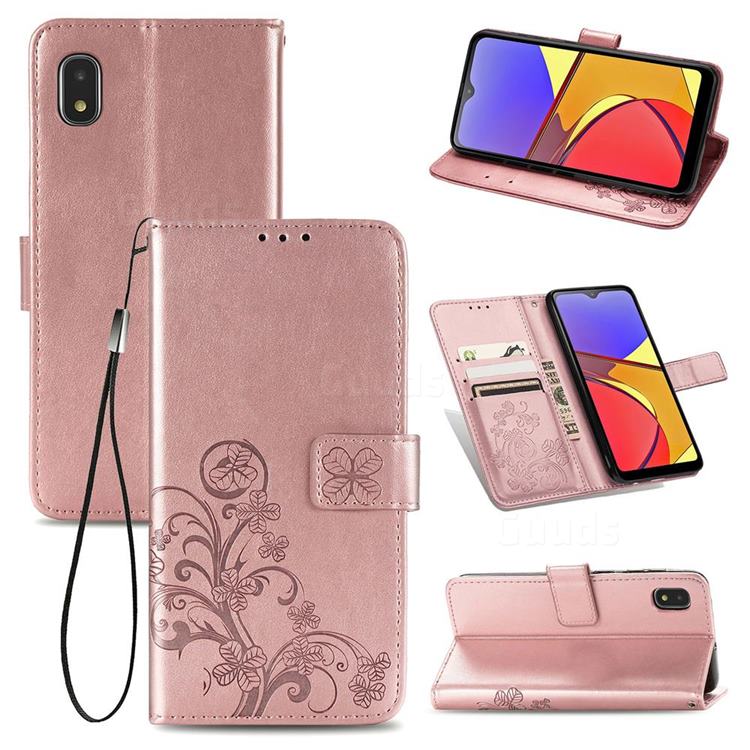 Embossing Imprint Four-Leaf Clover Leather Wallet Case for Docomo Galaxy A21 Japan SC-42A - Rose Gold