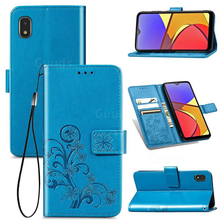 Embossing Imprint Four-Leaf Clover Leather Wallet Case for Docomo Galaxy A21 Japan SC-42A - Blue