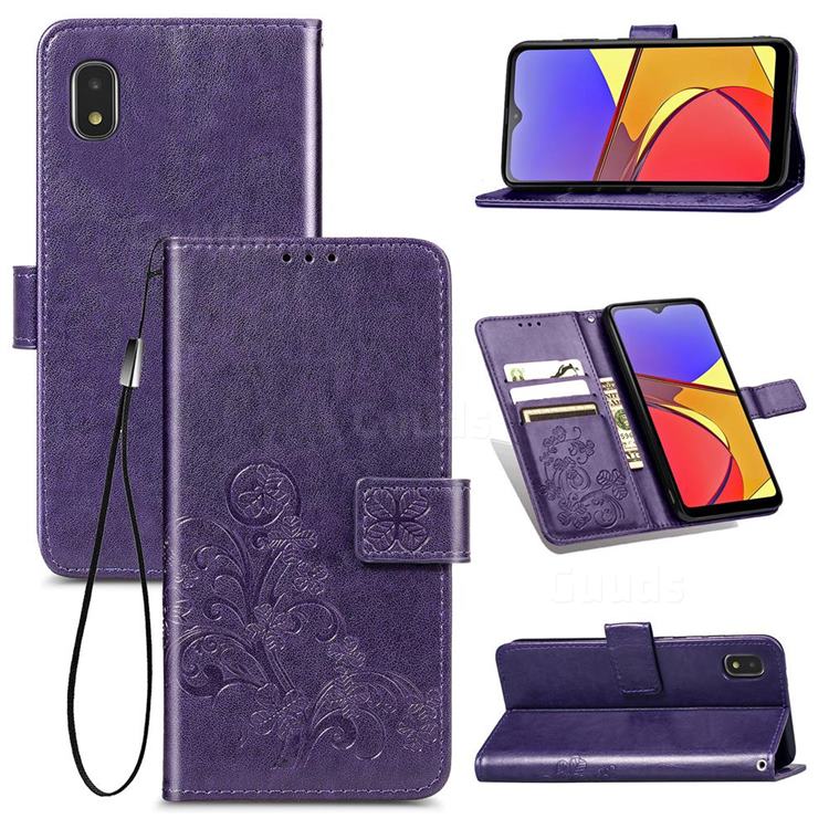 Embossing Imprint Four-Leaf Clover Leather Wallet Case for Docomo Galaxy A21 Japan SC-42A - Purple
