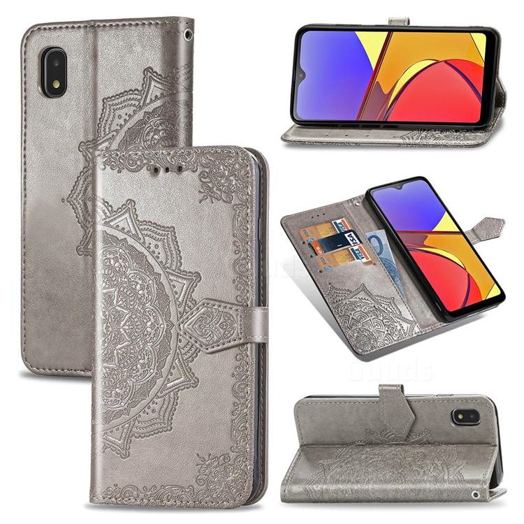 Embossing Imprint Mandala Flower Leather Wallet Case for Docomo Galaxy A21 Japan SC-42A - Gray