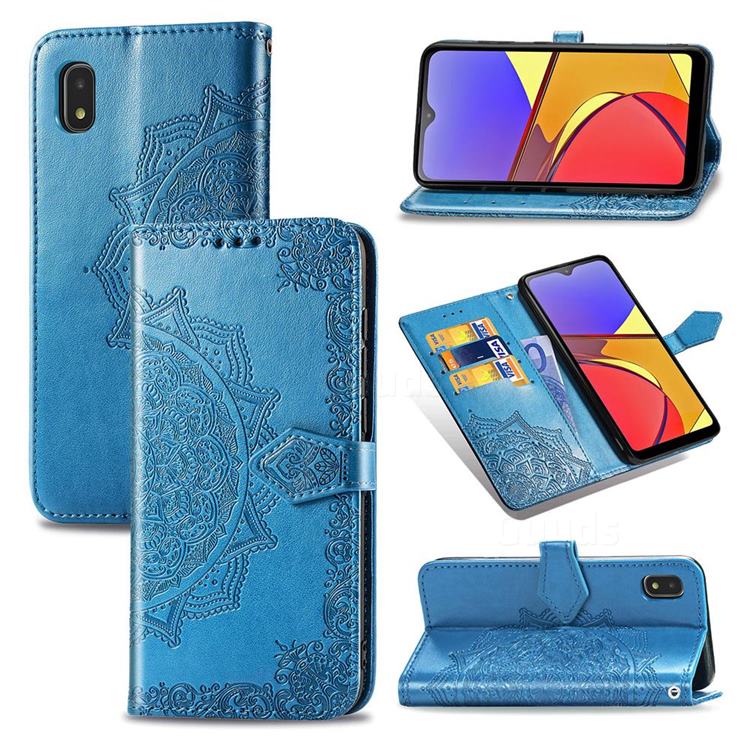 Embossing Imprint Mandala Flower Leather Wallet Case for Docomo Galaxy A21 Japan SC-42A - Blue
