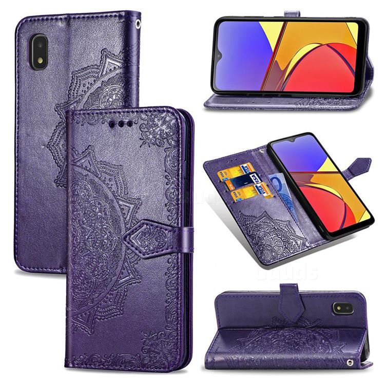 Embossing Imprint Mandala Flower Leather Wallet Case for Docomo Galaxy A21 Japan SC-42A - Purple