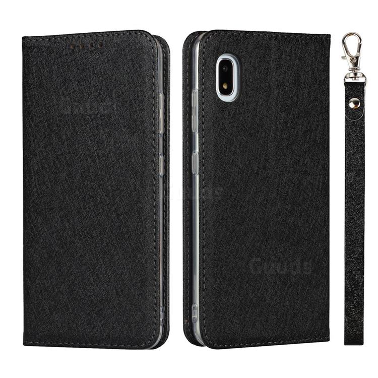 Ultra Slim Magnetic Automatic Suction Silk Lanyard Leather Flip Cover for Docomo Galaxy A21 Japan SC-42A - Black