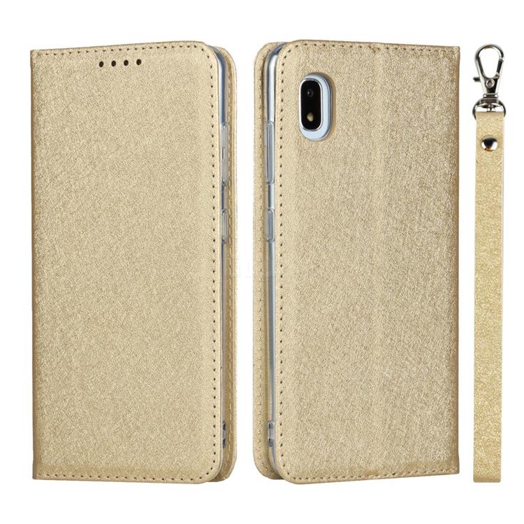 Ultra Slim Magnetic Automatic Suction Silk Lanyard Leather Flip Cover for Docomo Galaxy A21 Japan SC-42A - Golden