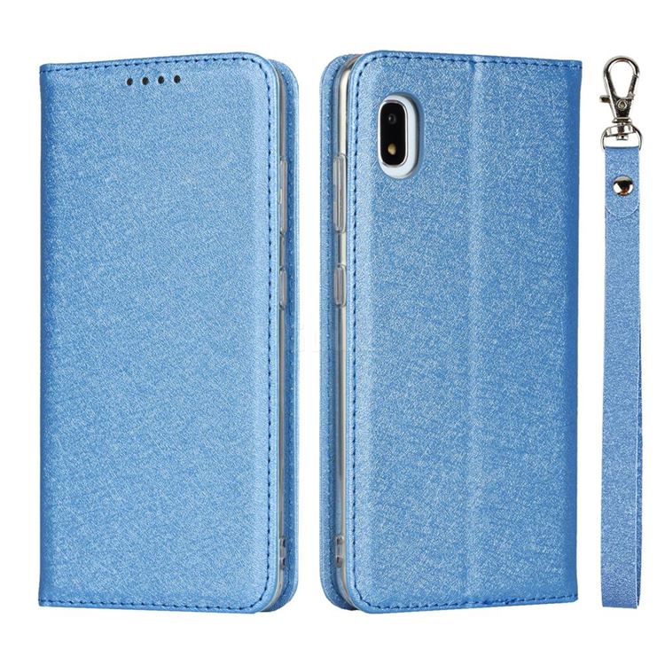 Ultra Slim Magnetic Automatic Suction Silk Lanyard Leather Flip Cover for Docomo Galaxy A21 Japan SC-42A - Sky Blue