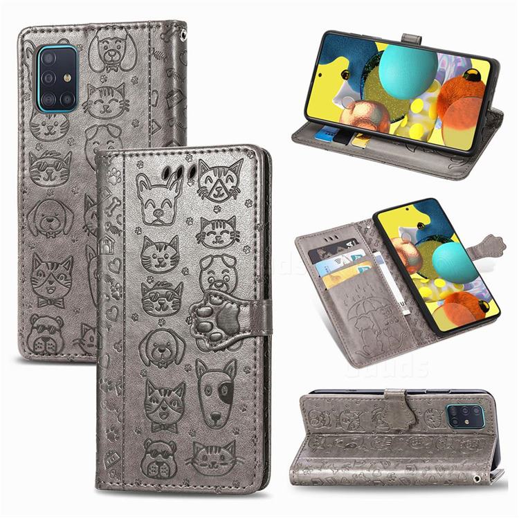 Embossing Dog Paw Kitten and Puppy Leather Wallet Case for Docomo Galaxy A51 5G SC-54A - Gray