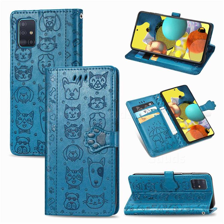 Embossing Dog Paw Kitten and Puppy Leather Wallet Case for Docomo Galaxy A51 5G SC-54A - Blue