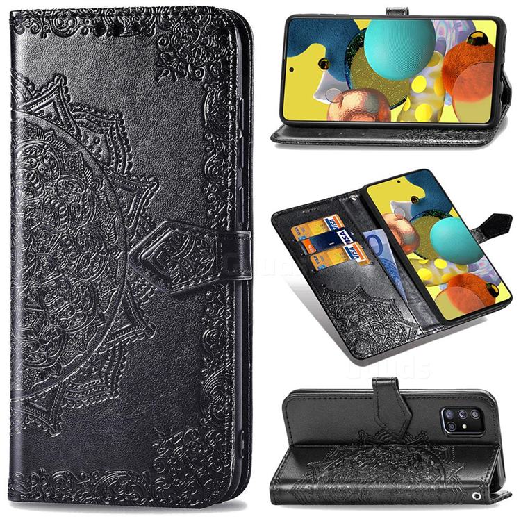 Embossing Imprint Mandala Flower Leather Wallet Case for Docomo Galaxy A51 5G SC-54A - Black