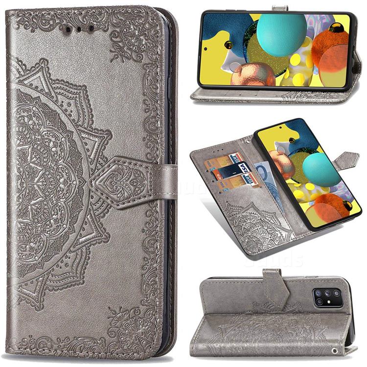 Embossing Imprint Mandala Flower Leather Wallet Case for Docomo Galaxy A51 5G SC-54A - Gray