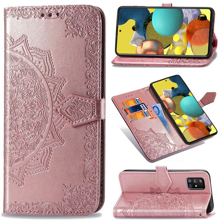 Embossing Imprint Mandala Flower Leather Wallet Case for Docomo Galaxy A51 5G SC-54A - Rose Gold