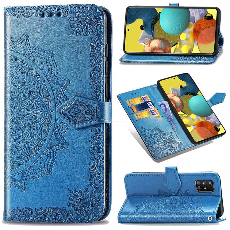 Embossing Imprint Mandala Flower Leather Wallet Case for Docomo Galaxy A51 5G SC-54A - Blue