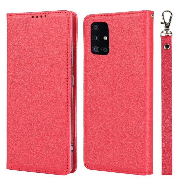 Ultra Slim Magnetic Automatic Suction Silk Lanyard Leather Flip Cover for  Docomo Galaxy A51 5G SC-54A - Red