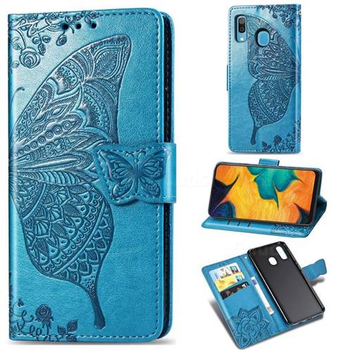 Embossing Mandala Flower Butterfly Leather Wallet Case for Samsung Galaxy A30 Japan Version SCV43 - Blue