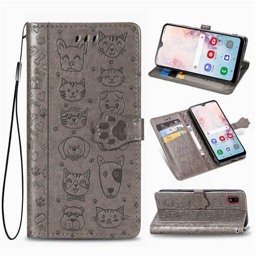 Embossing Dog Paw Kitten and Puppy Leather Wallet Case for Samsung Galaxy A30 Japan Version SCV43 - Gray