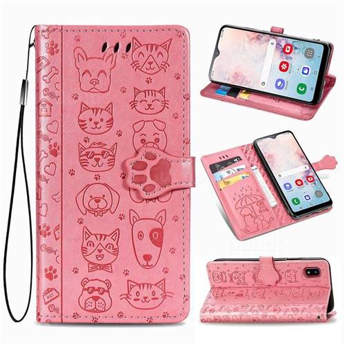 Embossing Dog Paw Kitten and Puppy Leather Wallet Case for Samsung Galaxy A30 Japan Version SCV43 - Pink