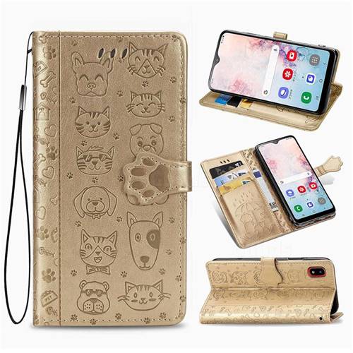 Embossing Dog Paw Kitten and Puppy Leather Wallet Case for Samsung Galaxy A30 Japan Version SCV43 - Champagne Gold
