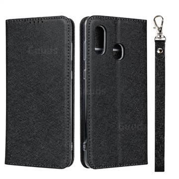 Ultra Slim Magnetic Automatic Suction Silk Lanyard Leather Flip Cover for Samsung Galaxy A30 Japan Version SCV43 - Black