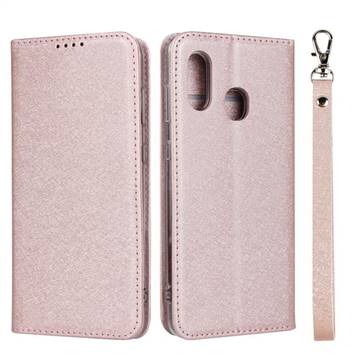 Ultra Slim Magnetic Automatic Suction Silk Lanyard Leather Flip Cover for Samsung Galaxy A30 Japan Version SCV43 - Rose Gold