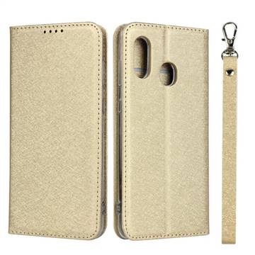 Ultra Slim Magnetic Automatic Suction Silk Lanyard Leather Flip Cover for Samsung Galaxy A30 Japan Version SCV43 - Golden