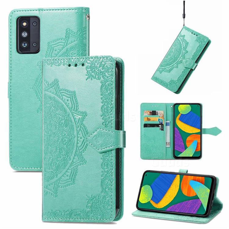 Embossing Imprint Mandala Flower Leather Wallet Case for Samsung Galaxy F52 5G - Green