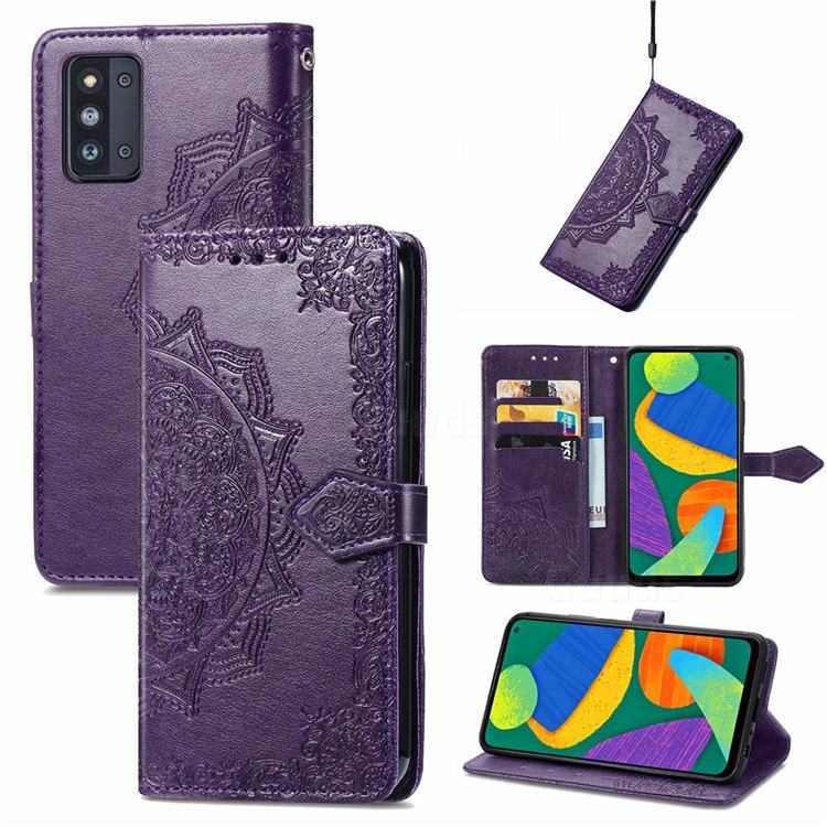 Embossing Imprint Mandala Flower Leather Wallet Case for Samsung Galaxy F52 5G - Purple