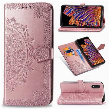 Embossing Imprint Mandala Flower Leather Wallet Case for Samsung Galaxy Xcover Pro G715 - Rose Gold