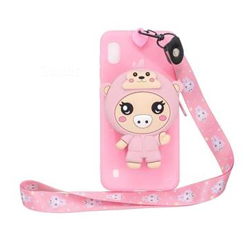 Pink Pig Neck Lanyard Zipper Wallet Silicone Case for Samsung Galaxy A01