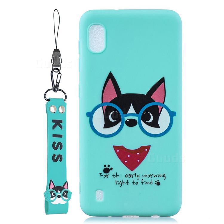 Green Glasses Dog Soft Kiss Candy Hand Strap Silicone Case for Samsung Galaxy A01