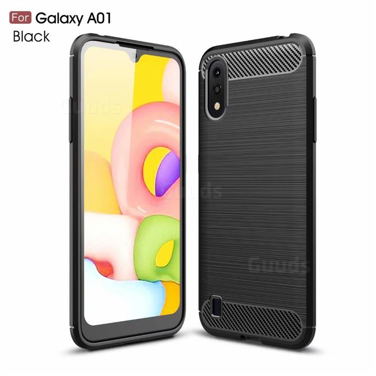 Luxury Carbon Fiber Brushed Wire Drawing Silicone TPU Back Cover for Samsung Galaxy A01 - Black