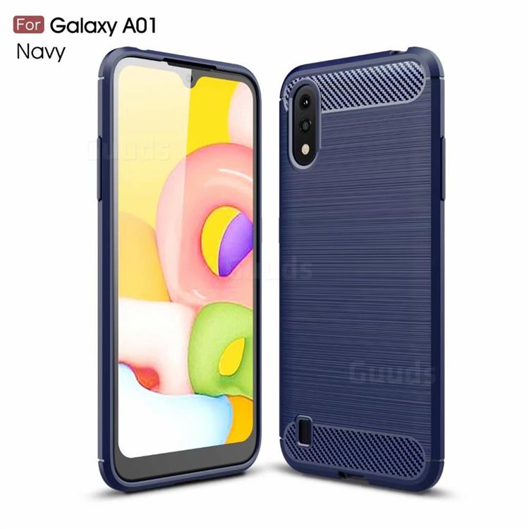 Luxury Carbon Fiber Brushed Wire Drawing Silicone TPU Back Cover for Samsung Galaxy A01 - Navy