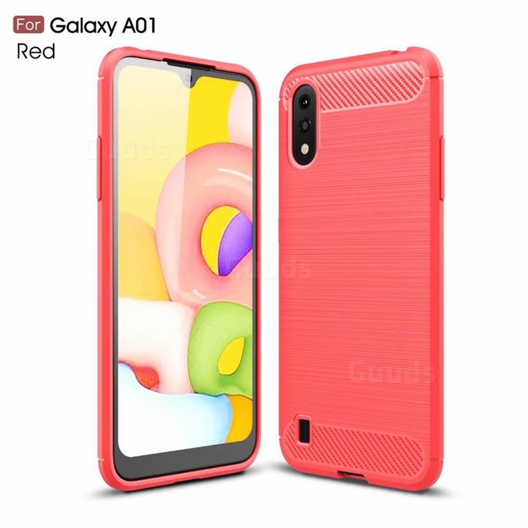 Luxury Carbon Fiber Brushed Wire Drawing Silicone TPU Back Cover for Samsung Galaxy A01 - Red