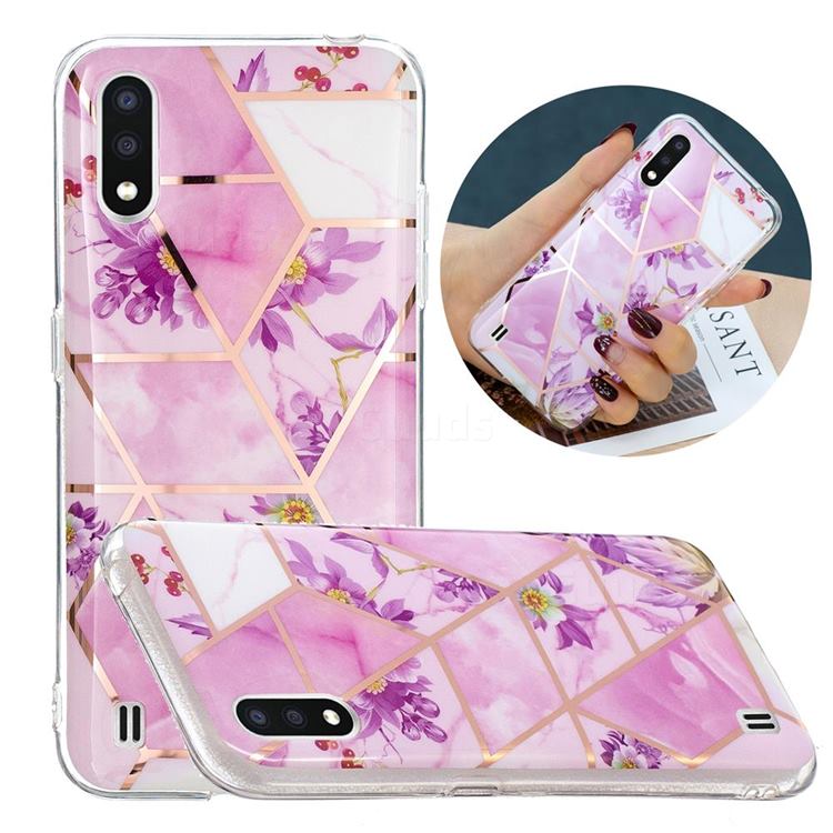 Purple Flower Painted Marble Electroplating Protective Case for Samsung Galaxy A01