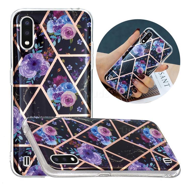 Black Flower Painted Marble Electroplating Protective Case for Samsung Galaxy A01