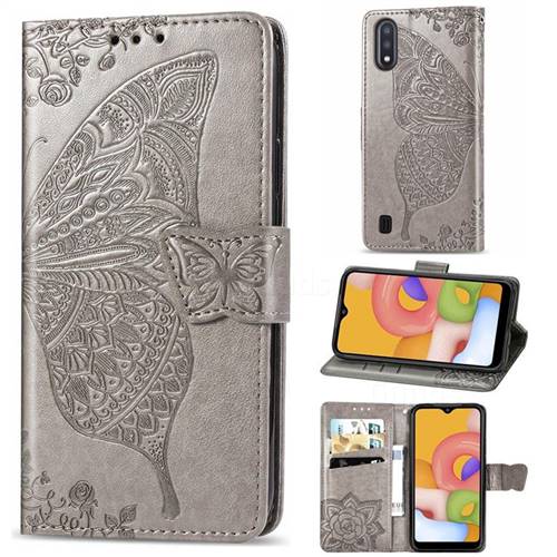 Embossing Mandala Flower Butterfly Leather Wallet Case for Samsung Galaxy A01 - Gray