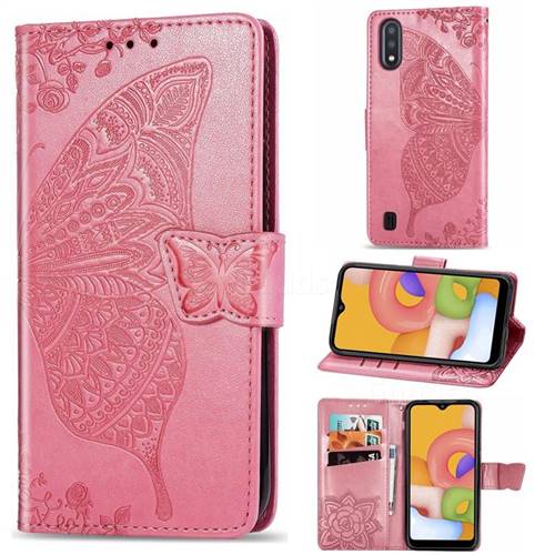 Embossing Mandala Flower Butterfly Leather Wallet Case for Samsung Galaxy A01 - Pink