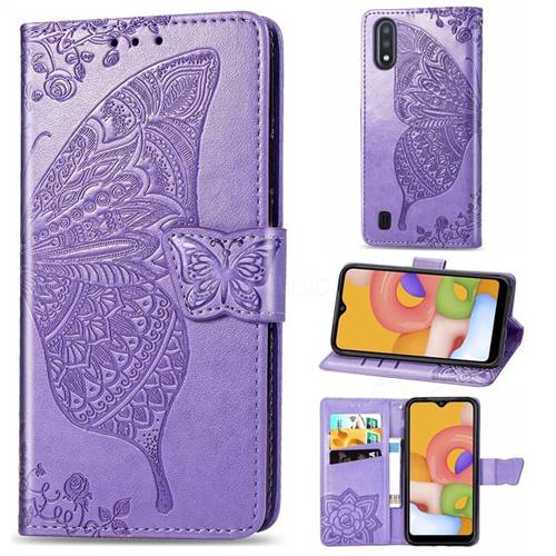Embossing Mandala Flower Butterfly Leather Wallet Case for Samsung Galaxy A01 - Light Purple