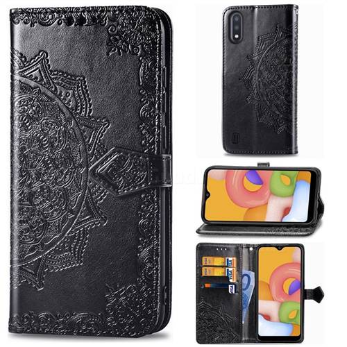 Embossing Imprint Mandala Flower Leather Wallet Case for Samsung Galaxy A01 - Black
