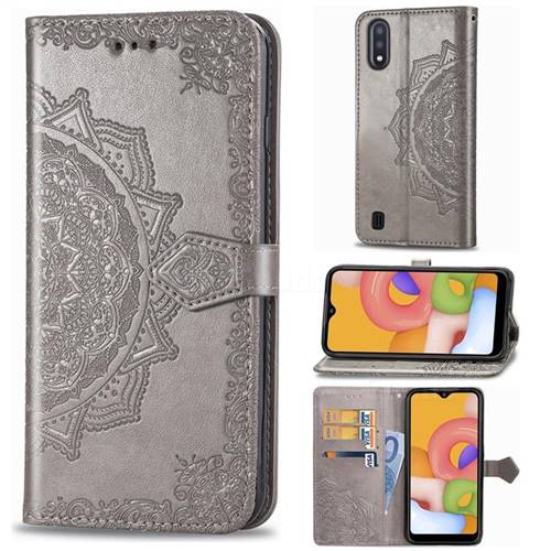 Embossing Imprint Mandala Flower Leather Wallet Case for Samsung Galaxy A01 - Gray
